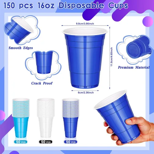 Miniatura 2 de DI QIU REN 150 vasos de plástico para fiestas azules de 16 onzas, vasos desechables de color blanco oscuro y azul claro a granel para fiestas