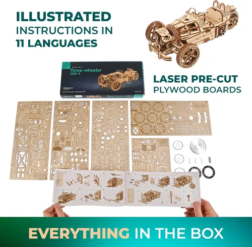 Miniatura 6 de UGEARS Rompecabezas 3D de madera de tres ruedas UGR-S para adultos, kits de modelos de madera para adultos, regalos de motocicleta para hombres, kit