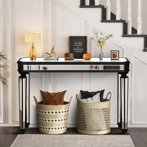 Miniatura 4 de Mesa de consola con espejo de 48 pulgadas, mesa de entrada moderna de plata glamorosa con borde tallado negro vintage con espejo de vidrio para sala