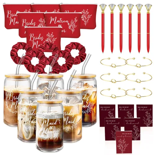 Miniatura 7 de Irenare Juego de 36 Piezas de Regalos de Propuesta de Dama de Honor Set de 6 ¿Serás Mi Dama de Honor? Taza de Vidrio de 16 oz Bolsas de Cosméticos