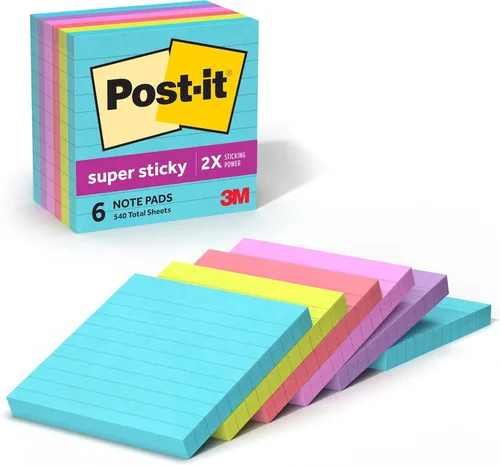 Post-it Notas súper adhesivas, 6 blocs de notas adhesivas forradas, 4 x 4 pulgadas, suministros escolares, productos de oficina, 2 veces más poder