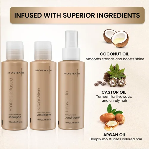 Miniatura 2 de MOEHAIR Juego de trío de viaje: champú con infusión de proteínas, acondicionador Color Alive y acondicionador sin enjuague, fortalecimiento e