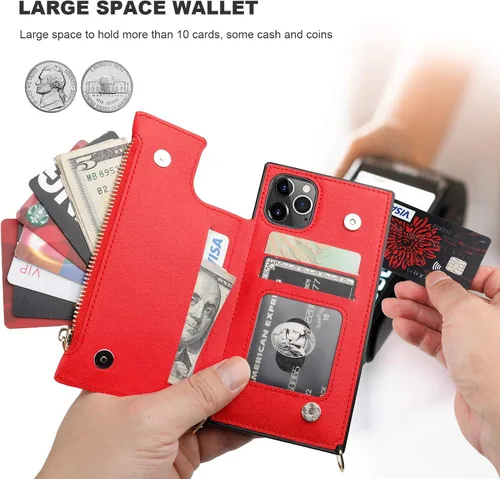 Miniatura 4 de Bocasal Funda tipo cartera cruzada para iPhone 11 Pro con tarjetero, protector de ranura para tarjetas con cremallera, a prueba de golpes, con Rojo