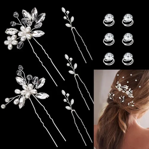 Miniatura 10 de Accesorios para el cabello para mujer, juego de horquillas de boda, joyería para mujer, flor plateada, pinzas de perlas, novias, tocados, damas