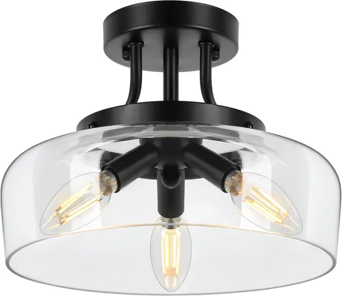 Lámpara de techo industrial moderna semiempotrada con pantalla de vidrio transparente, lámpara de techo negra de 3 bombillas para cocina,