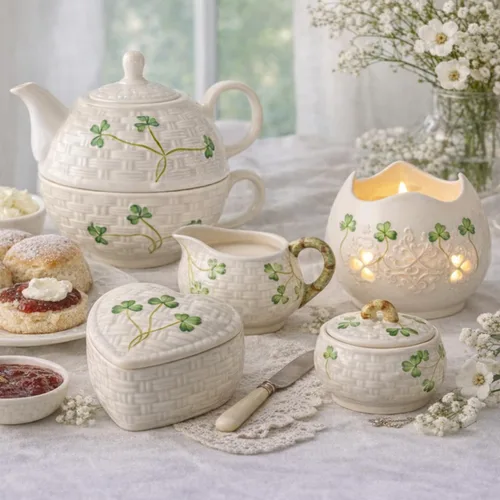 Miniatura 6 de Belleek Classic Kylemore - Caja de baratijas de 4.4 pulgadas, almacenamiento decorativo de porcelana Parian hecha a mano, decoración de trébol