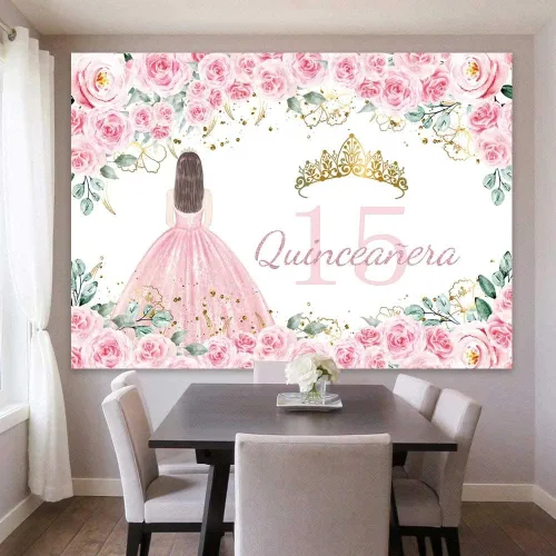Miniatura 3 de Sensfun Telón de fondo de quinceañera con texto en inglés "Mis Quince Anos", decoración de cumpleaños de 15 años, flores rosadas, corona dorada
