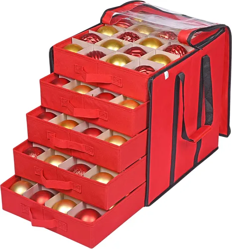 ProPik Cajas de almacenamiento de adornos navideños con divisores, 5 bandejas separadas, soporte para adornos, mantiene 100 adornos navideños, bolsa