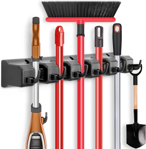 IMILLET Soporte para trapeador y escoba, organizador de pared, estante de herramientas de almacenamiento para trapeador y escoba con 5 ranuras para