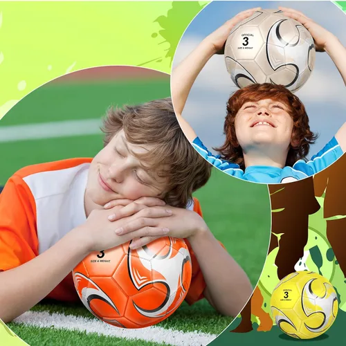 Miniatura 7 de Deekin 6 pelotas de fútbol con bomba de tamaño 5/4/3 oficial para deportes exteriores, pelota de fútbol desinflada a máquina, para interiores