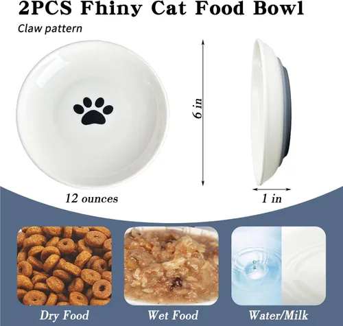 Miniatura 5 de Fhiny Juego de 2 cuencos de comida para gatos, platos de cerámica de 6 pulgadas con parte inferior de silicona, juego de platos para gatos