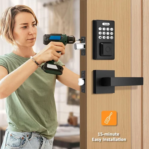 Miniatura 7 de Tinewa Cerradura de puerta de entrada sin llave con 2 manijas de palanca, manija de puerta de entrada de huellas dactilares, cerrojo de teclado