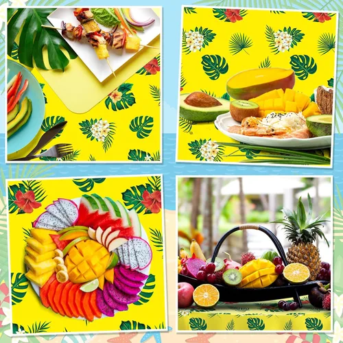 Miniatura 3 de Oudain 6 manteles hawaianos redondos de verano de 84 pulgadas, manteles de plástico Lagre Tropical Luau con hojas de palma y flor de hibisco
