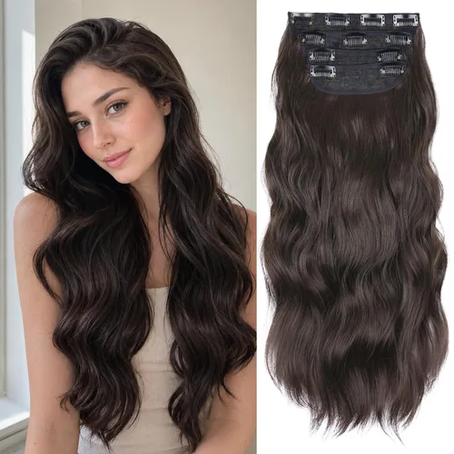 Miniatura 20 de 4 extensiones de cabello sintético con clip, extensiones de cabello rizado de 20 pulgadas de largo con clip (color: marrón medio)