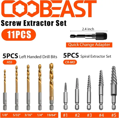 Miniatura 2 de Coobeast Juego de Extractor de Tornillos de 11 Piezas, Juego de Brocas de Mano Izquierda y Extractor de Pernos Fácil de Quitar Tornillos Rotos