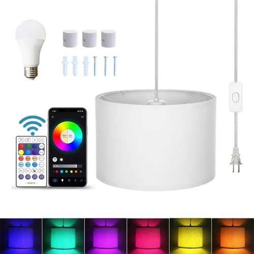 ZSLAIFU Lámpara colgante de 15 pies con interruptor, luces colgantes blancas con cable enchufable, lámpara colgante con control remoto, lámpara