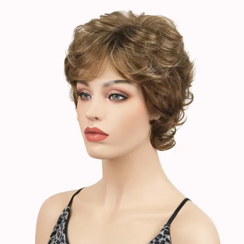 Miniatura 3 de Lydell Pelucas cortas y onduladas de 6 pulgadas, cabello sintético completo, estilo clásico (12TT26 marrón claro con reflejos)