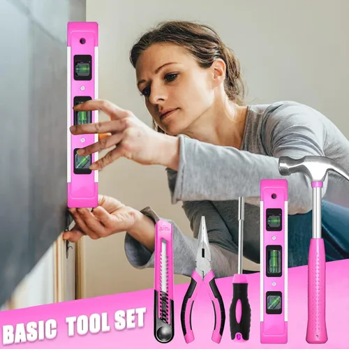 Miniatura 5 de Juego de herramientas rosa, juego de 130 piezas para el hogar para mujeres con destornillador recargable inalámbrico de 3.6V, juego básico