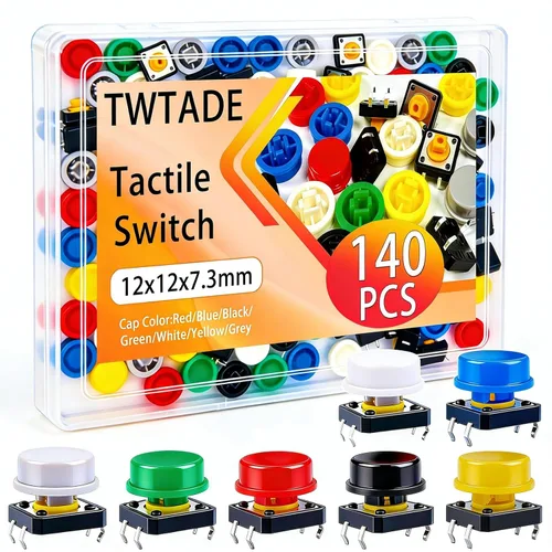 TWTADE/140 PIEZAS Interruptor de botón táctil 4 pines Interruptores táctiles momentáneos 12x12x7,3mm con tapas de interruptor de 7 colores (70