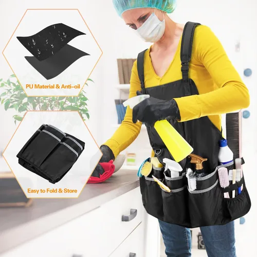 Miniatura 5 de HODRANT Delantal de limpieza grande con correas de hombro dobles, delantal de limpieza de la casa con múltiples bolsillos para suministros
