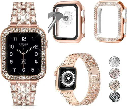 Miniatura 15 de compatible con Apple Watch de 1.496 pulgadas 1.575 pulgadas 1.654 pulgadas 1.732 pulgadas con funda para mujer, correa de metal con diamante