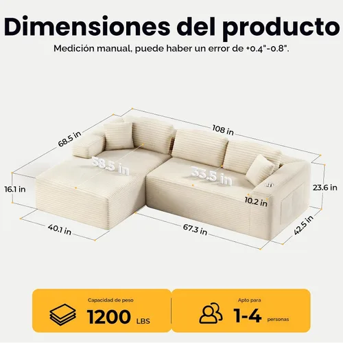 Miniatura 2 de CAMMOO Sofá seccional modular Cloud de 108 pulgadas en una caja, sofá seccional modular comprimido con asiento profundo, sofás de pana sin Beige