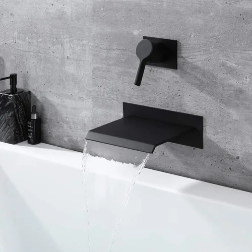 Miniatura 4 de sumerain Grifo de bañera de montaje en pared negro con boquilla de bañera en cascada manija única con válvula áspera de alto flujo Negro mate