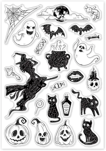 Miniatura 8 de ORIGACH Sellos transparentes de silicona – Bruja, fantasma, gato, murciélago, calabaza, sellos reutilizables para hacer tarjetas, álbumes