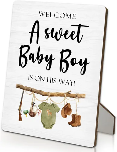 Miniatura 7 de Letrero azul de bienvenida para baby shower, mesa de ducha de niños y bebés, soporte de madera de 5 x 7 pulgadas, decoración de «A Sweet Baby Boy Is