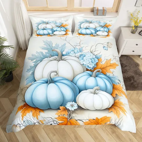 Miniatura 17 de Erosebridal Juego de funda de edredón individual de pavo de Acción de Gracias, juego de ropa de cama de calabaza y hojas de otoño para niños