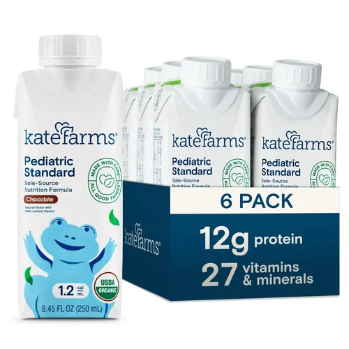 KATE FARMS - Batido de nutrición pediátrica orgánica de chocolate alto en calorías 1.2, 12g de proteína, 27 vitaminas y minerales, reemplazo de