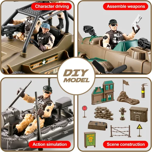 Miniatura 5 de Conjunto de juguetes de hombres del ejército de 78 en 1 con camión militar realista/helicóptero/barco kayak/motocicleta/figuras de acción de hombres