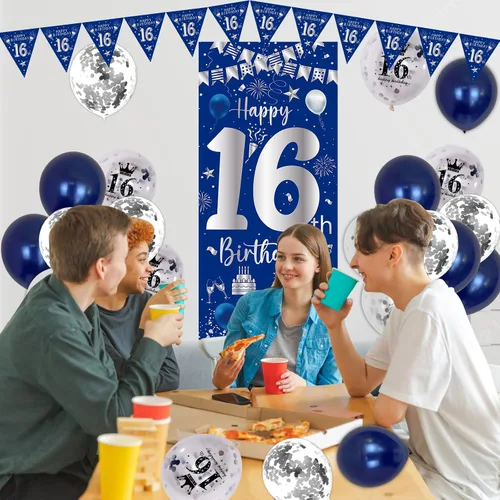 Miniatura 4 de Decoraciones de cumpleaños número 16 para niños y niñas, kit de fiesta de cumpleaños azul plateado con pancarta, globos, globo del número 16