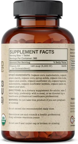 Miniatura 2 de Futurebiotics Vitamina D3 5,000 UI (125 MCG), Suplemento orgánico de vitamina D certificado por USDA, 360 tabletas