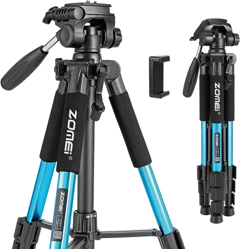 Miniatura 10 de Trípode para cámara de 55 pulgadas Q111 con soporte para teléfono, trípode para celular portátil y ligero para Canon Nikon Sony DSLR, proyector