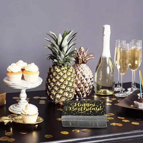 Miniatura 6 de JarThenaAMCS 80 servilletas de feliz cumpleaños, servilletas de cóctel con puntos negros y dorados, servilletas de papel desechables para fiestas