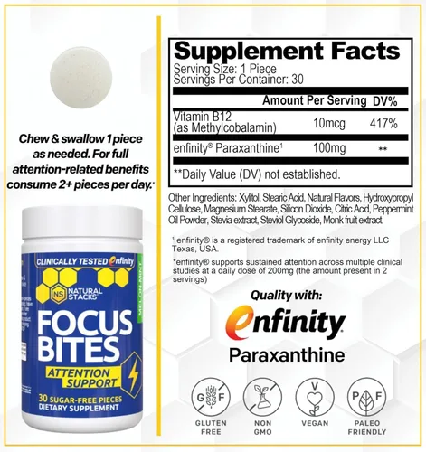Miniatura 2 de Suplemento de paraxantina de 100 mg - Suplemento de enfoque sin cafeína para productividad y apoyo de atención - Enfinity Paraxantina clínicamente