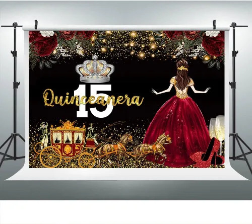 Miniatura 9 de Vestido rojo, fondo de flores de rosa, telón de fondo de cumpleaños de quinceañera para niña, princesa, feliz cumpleaños 15, carruaje de fotografía