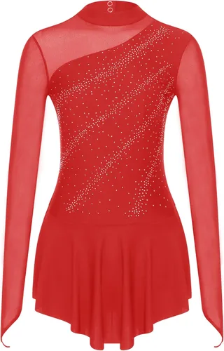 Miniatura 3 de Vestido de patinaje sobre hielo artístico para mujer, manga larga, diamantes de imitación brillantes, patinaje sobre ruedas, disfraz de danza lírica