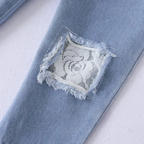Miniatura 7 de XUANHAO Conjunto de 2 piezas de pantalones de mezclilla para niñas pequeñas parte superior floral con volantes pantalones de mezclilla rasgados