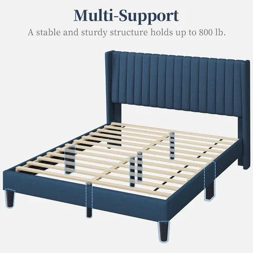 Miniatura 7 de Yaheetech - Base de cama queen con plataforma tapizada y cabecera de tela, diseño de borde ala, antideslizante y silenciosa, soporte de listones