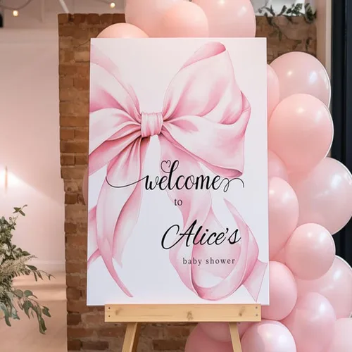 Miniatura 23 de Letrero de bienvenida personalizado con lazo rosa, editable imprimible para fiesta de bebé, letrero de baby shower con lazo rosa #12 Baby Shower #12