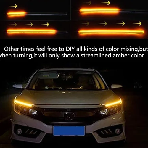 Miniatura 4 de 2 tiras de luces LED para automóvil, tubo de tira de superficie de faros DRL multicolor, luz de circulación diurna para capó exterior, señal de giro