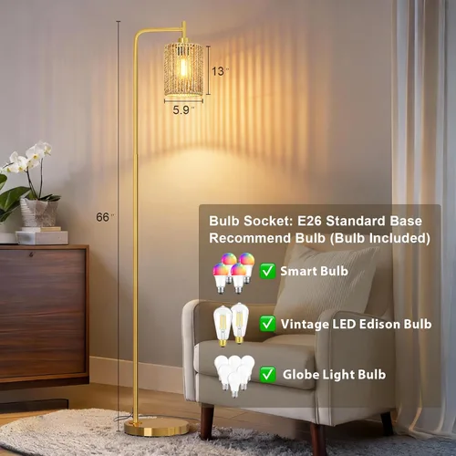 Miniatura 3 de Oneach Lámpara de pie dorada de 66 pulgadas para sala de estar, lámpara de pie bohemia con bombilla LED, interruptor de pie, pantalla de ratán, Oro