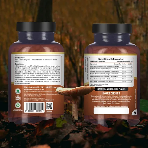 Miniatura 2 de Complejo avanzado de hongos de 2000 mg Una súper mezcla de 6 hongos con melena de león, chaga, cordyceps, shiitake, reishi y maitake con pimienta