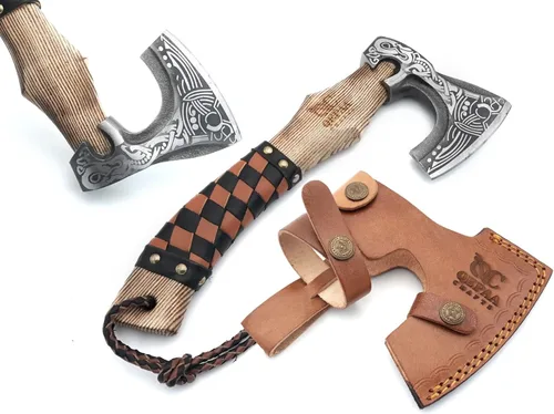 Miniatura 11 de Hacha Vikinga de 13 Pulgadas - Hachetas y Hachas con Mango de Madera de Fresno y Envoltura de Cuero, Hacha para Partir Leña, Hacha de Campamento