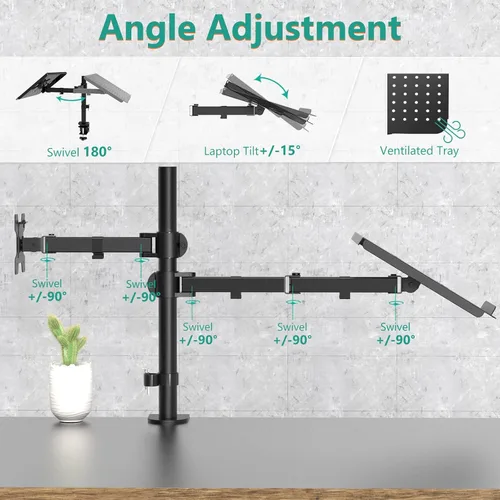 Miniatura 4 de WALI Soporte para laptop y monitor, soporte para monitor totalmente ajustable y bandeja para laptop para 1 portátil de hasta 17 pulgadas y 1