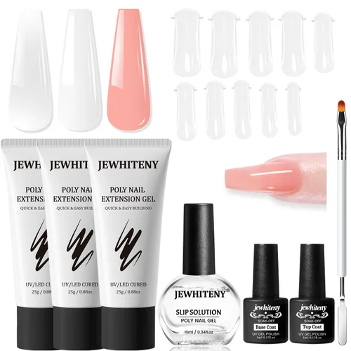 Miniatura 12 de JEWHITENY Set de uñas de gel de extensión de poligel transparente, blanco y rosa con capa base y capa superior para arte en dedos y manicura