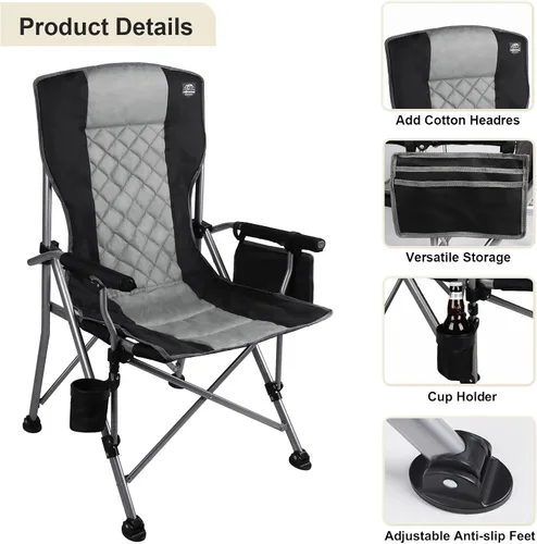 Miniatura 4 de Silla de camping plegable acolchada con reposabrazos duro, soporte para tazas, resistente para adultos, respaldo acolchado, silla de campamento