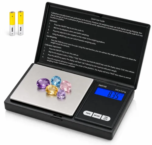 Smart Weigh SWS100 - Báscula digital de bolsillo – Báscula de alta precisión de 3.53 oz x 0.00 oz para recargar, joyas, gemas y medicinas – LCD